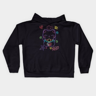 Neon Neko (1) - Cute neon light Japanese beckoning cats to bring you good luck Kids Hoodie